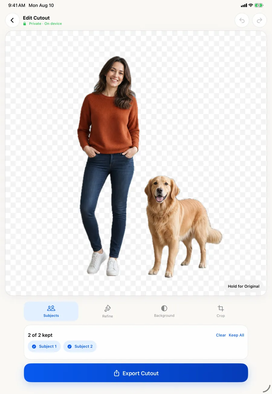 The editor on iPad with two subjects kept