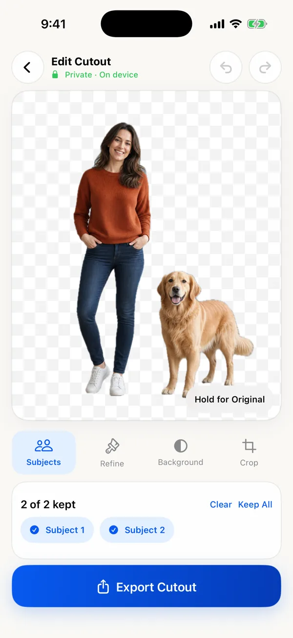 Edit Cutout screen with a woman and a golden retriever cut out and both subjects kept